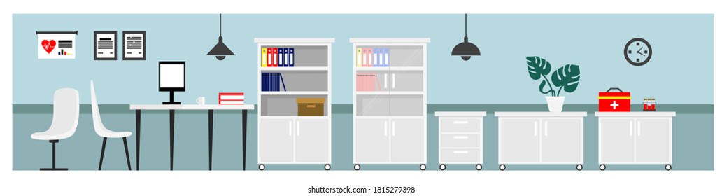 Vector set of furniture for a medical office. Wardrobe, rack, bedside table, flower, lamps, chair, couch. Medical flasks. Poster on the wall. Clock.