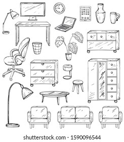 Vector Set of furniture for the office house and for the living room. Black and white