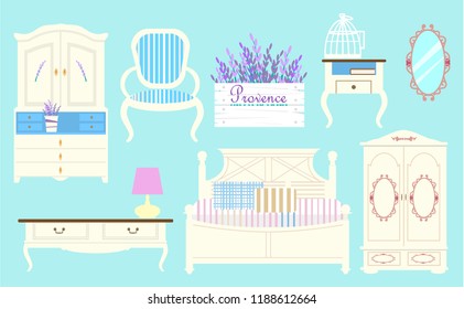 Vector set of furniture in Provence style. Bed, wardrobe, cupboard, bedside table, coffee table, chair, mirror, wooden box with lavender.