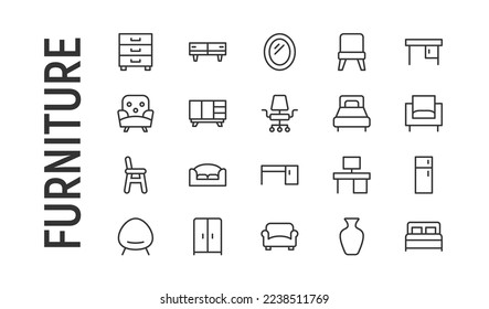 Vector set of furniture thin line icons. Design of 20 stroke pictograms. Signs of furniture isolated on a white background.