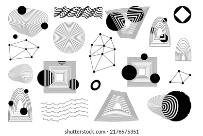 Vector set of futuristic element of cybernetic grids. Retro-style digital element, various geometric illustration, polar grid, circles, squares, vibrations, gravity. Cyberpunk in the style of the 80s.