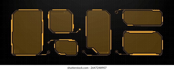 Vector set of futuristic hud frames and ui elements on dark background for gaming interface and digital design.