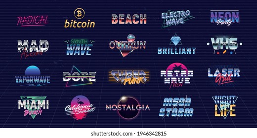 Vector set of futuristic logos in Retro 80s style. Vaporwave, Synthwave logo set for Night club, Casino, music album, party invitation designs. Print for t-shirt, tee. 20 colorful neon logo designs.