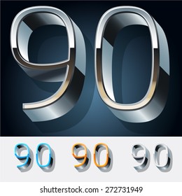 Vector set of futuristic metal silver alphabet. Numbers 9 0