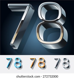 Vector set of futuristic metal silver alphabet. Numbers 7 8