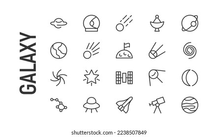 Vector set of galaxy thin line icons. Design of 20 stroke pictograms. Signs of galaxy isolated on a white background.