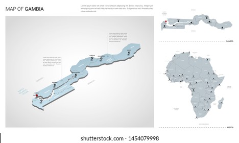 Vector set of Gambia country.  Isometric 3d map, Gambia map, Africa map - with region, state names and city names. 