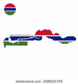 Vector set of Gambia high detailed map flag and national flag round badge isolated on white background.