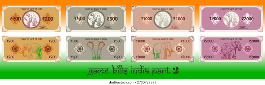 Juego de Vectores de juego en denominaciones de 200, 500, 1000 y 2000 rupias de la República de la India. Colección de billetes anversos y reversos. Gran elefante. Dinero de juego indio. Parte 2