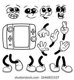 Vector Set of Game Console Character Parts Including Expressions, Gestures, and Footwear