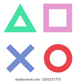 Juego de vectores del icono del botón del controlador de juegos. Logo de color plano de cruz, círculo, cuadrado y triángulo. Puede utilizarse con fines variativos.