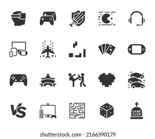 Vector Set Of Game Flat Icons. Contains Icons Video Game, Joystick, Virtual Reality, Arcade, Vs, Console, Game Genres And More. Pixel Perfect.