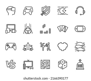 Vector Set Of Game Line Icons. Contains Icons Video Game, Joystick, Virtual Reality, Arcade, Vs, Console, Game Genres And More. Pixel Perfect.