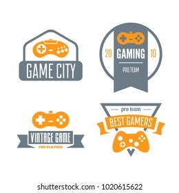 Vector set of game play joystick in vintage style. Design elements, icons, logo, emblems and badges isolated.