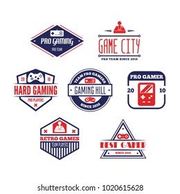 Vector set of game play joystick in vintage style. Design elements, icons, logo, emblems and badges isolated.