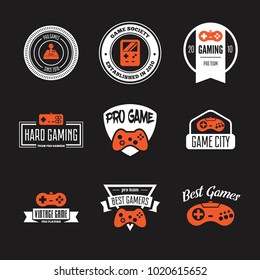 Vector set of game play joystick in vintage style. Design elements, icons, logo, emblems and badges isolated.
