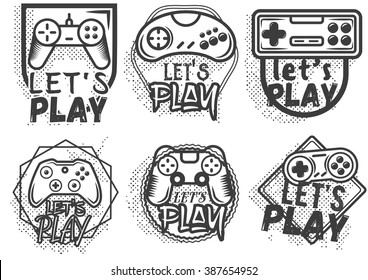 Vector set of game play joystick in vintage style. Design elements, icons, logo, emblems and badges isolated on white background. Outdoor adventure concept illustration. Lets play video game concept.