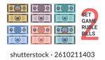 Vector set of game ruble bills. Banknotes of Russian Federation, denominations of 250, 500, 1000, 2000, 5000 and 10000 rubles. Letters, kremlin, temple, bear paw and wreath. Tickets of Russia. Two