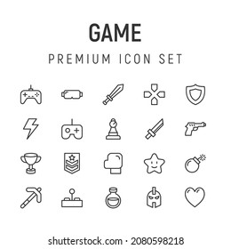 Vector set of game thin line icons. Design of 20 stroke pictograms. Signs of game isolated on a white background.