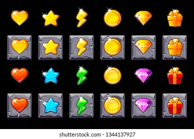 Vector Set Game UI icons on stone square for games. Game casino, slot, UI. 2d Game icon on separate layers.