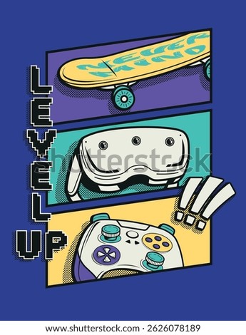 Vector set of gamer gamepad, Virtual reality VR glasses, skateboard in sketch style with motivation text Level UP! Gaming t shirt design linear illustration. Sport style. activity equipment. Game over