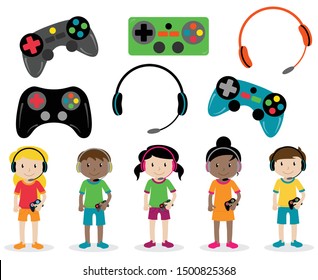 Vector Set of Gamer Themed Controllers and Headphones and Gamer Kids