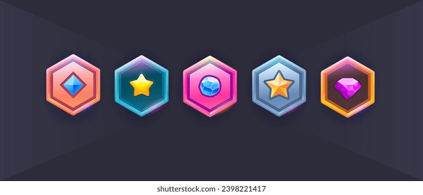 Vector set of games icon. Emblem shield badges, game rank insignia. Vector game icons, revard signs, stars, chevron for used in mobile or web game