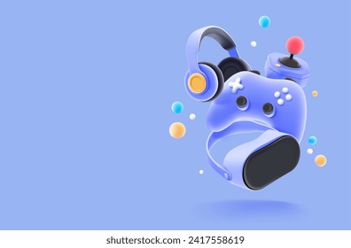 Vector set of games icon, videogame controller, headphones and game console on blue background, Game concept