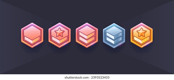 Juego de vectores de juegos icono militar. Insignias de escudo militar, insignia de rango de juego. Iconos de videojuegos, signos de revés, estrellas, chevron para uso en juegos móviles o web