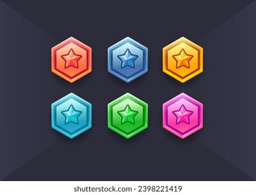 Vector set of games star icon. Military shield badges, game rank insignia. Vector game icons, revard signs, stars, chevron for used in mobile or web game