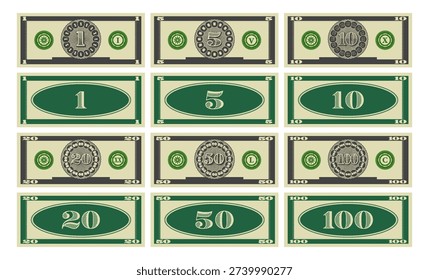 Vector set of gaming banknotes, denominations 1, 5, 10, 20, 50 and 100. Collection of notes, obverse and reverse. Finance and economics. Money, commercial games. Group of bills