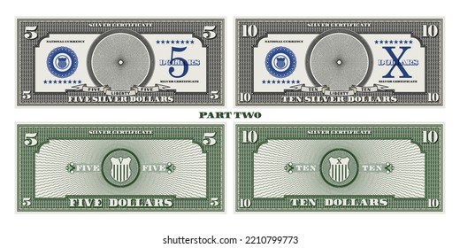 Juego de vectores de billetes de juego inversos y reversos con un círculo vacío en el centro, denominaciones de 5 y 10 dólares de plata. Segunda parte