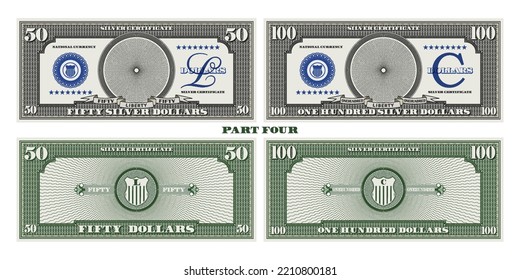 Vector set of gaming banknotes obverse and reverse with an empty circle in the center, denominations of 50 and 100 silver dollars. Part four