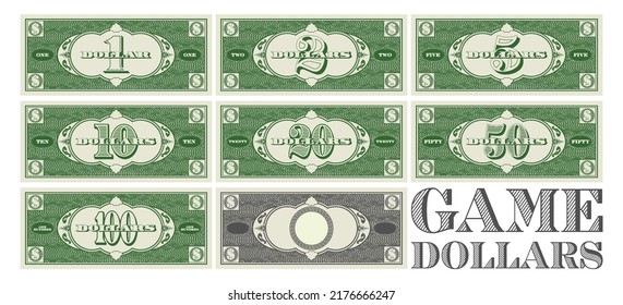 Vector set of gaming dollars in denominations from 1 to 100. Green obverse and gray reverse. Template with empty circle