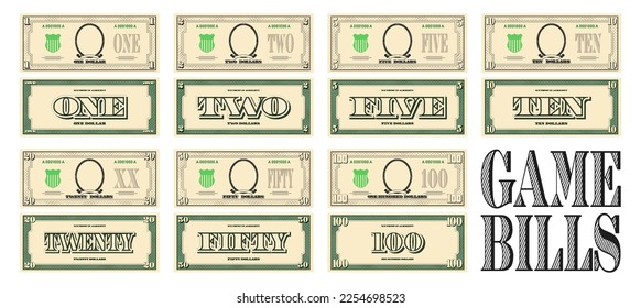 Vector set of gaming fiat money. Obverse and reverse of banknotes in denominations from 1 to 100 dollars. Collection of bills.