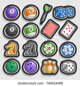 Vector set of Gaming and Gambling Equipment, collection of billiards balls, darts arrow, cube for craps, playing card, chess knight, chips for casino, bowling balls & pins isolated on grey background.