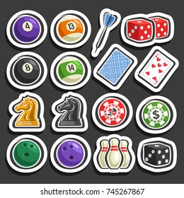 Vector set of Gaming and Gambling Equipment, collection of billiards balls, darts arrow, cubes for craps, playing card, chess knight, chips for casino, bowling ball & pins isolated on black background