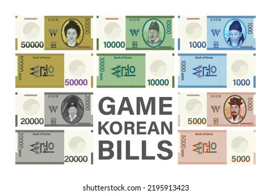 Vector set of gaming South Korean banknotes.  In denominations of one thousand, 5000, 10 000, 20 000 and 50 000 won. The hieroglyphs mean Bank of Korea and won