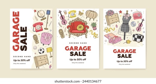 Vector set of garage promotional sale vertical web banner, poster or flyer with hand drawn vintage furniture and interior design elements. Garage sale concept illustration