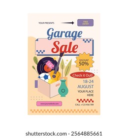 Vector set of garage promotional sale vertical web banner, poster or flyer with hand drawn vintage furniture and interior design elements. Garage sale concept illustration