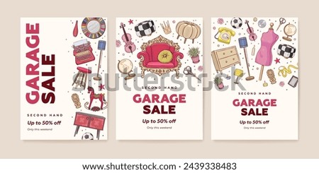 Vector set of garage promotional sale vertical web banner, poster or flyer with hand drawn vintage furniture and interior design elements. Garage sale concept illustration