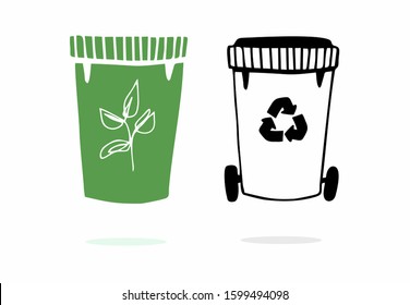 vector set of garbage cans, with waste recycling icon. Suitable for logos, web sites, stickers, garbage sorting, environmental care. Isolated on white background, flat illustration