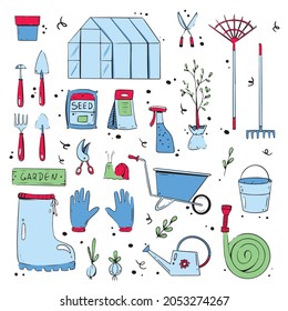 Vector set of garden accessories and equipments, tools: greenhouse, broom, 
rake, cart, boots, gloves, shovel, bucket, hose, spray, seed, plants, watering can. On white background, isolated