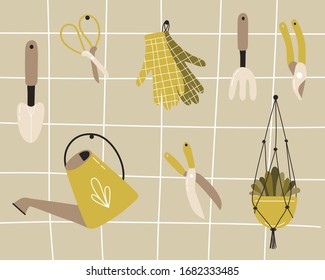 Vector set of garden accessories. Garden tools hang on the wall. Watering can , potted flower, garden scissors, garden gloves, pitchfork, spatula.