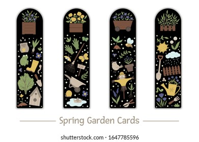 Vector set of garden bookmarks for children. Cute gardening tools, flowers, plants on black background.  Spring vertical layout card templates. Stationery for kids