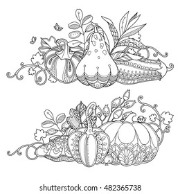 Vector set garden borders compositions in doodle style. Floral, ornate, decorative, design elements. Black and white monochrome background. Pumpkins, berries and leaves. Zentangle coloring book