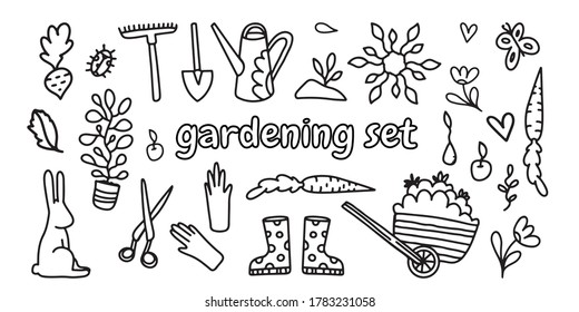 Vector set of garden doodle illustrations. Line drawings on a white isolated background. Design of goods for the garden and horticulture. Rake, shovel, scissors, boots, gloves, flowers and plants