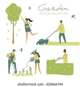 Vector set, garden, ecology, organic, planting, botanica, green plants, watering a plant, shearing a bush, shears a lawn, grows trees, harvesting. Cartoon. Cute. Character. Creative people collection 