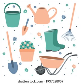 Vector set of garden equipment. Gardening elements illustration isolated on white background. Drawn farming items. Bucket, watering can, flowers, shovels, boots

