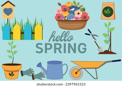 Vector set of garden equipment. Gardening elements illustration isolated on white background. Drawn farming items. Bucket, watering can, flowers, shovels, boots